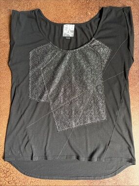 Barneys New York Co-op Black Short Sleeve Top with Metallic Silver Panels